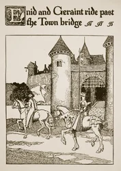 Enid und Geraint reiten an der Stadtbrücke vorbei, Illustration aus 